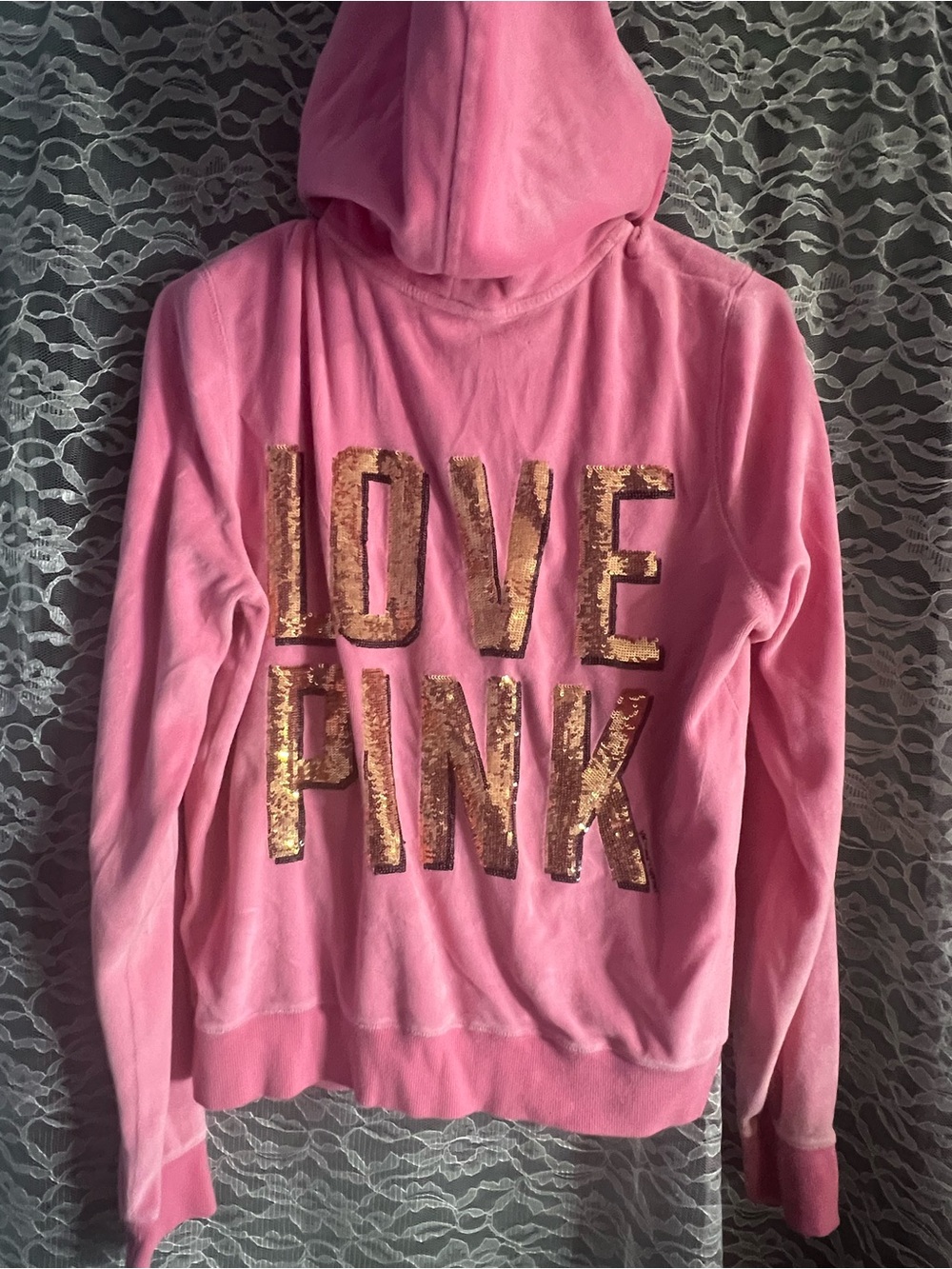 Victorias Secret PINK Zip Up Hoodie Love Pink Sequins Bling Y2K Large
